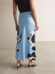 Light Blue/Black Floral Print Satin Midi Skirt - Image 4 of 8