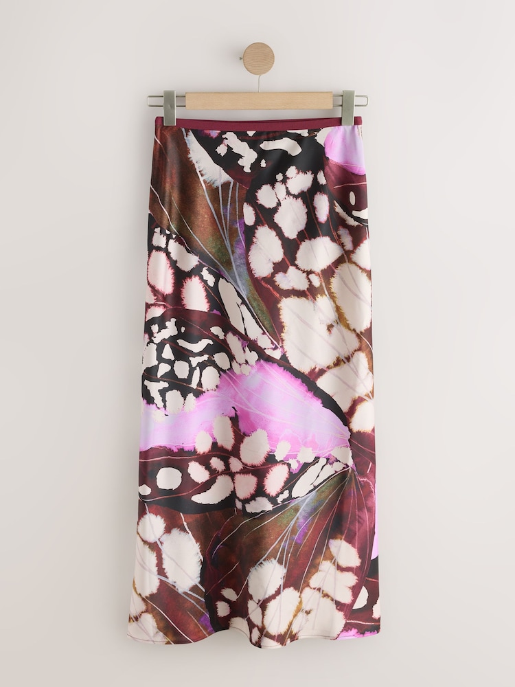 Burgundy Red Butterfly Print Satin Midi Skirt - Image 1 of 3 Burgundy Red Butterfly Print Satin Midi Skirt - Image 1 of 3