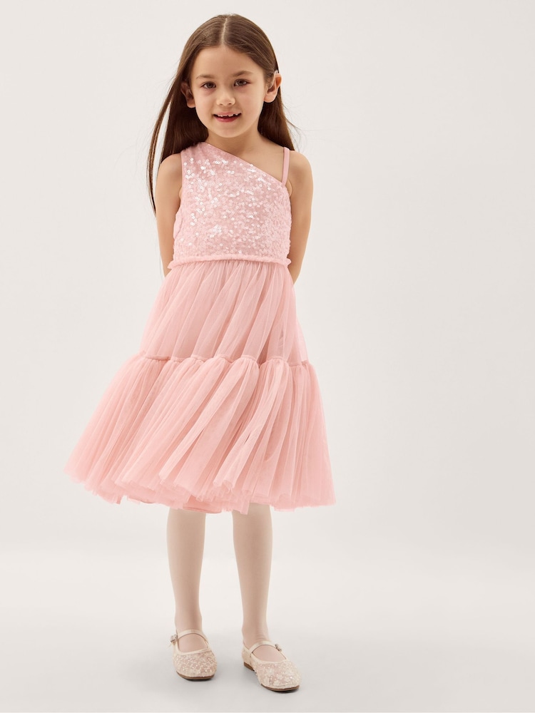 Monsoon Pink Asymmetrical Sequin Tulle Party Dress - Image 1 of 4