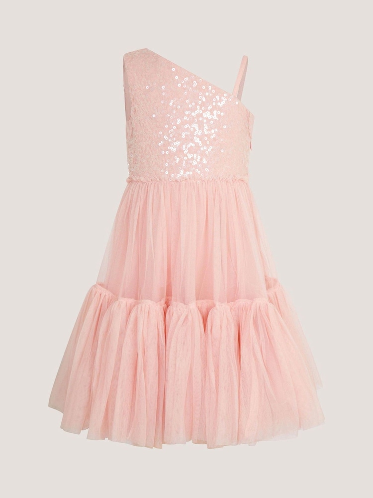 Monsoon Pink Asymmetrical Sequin Tulle Party Dress - Image 2 of 4