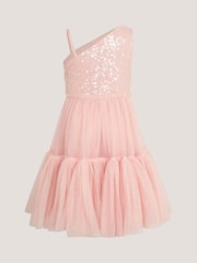 Monsoon Pink Asymmetrical Sequin Tulle Party Dress - Image 3 of 4