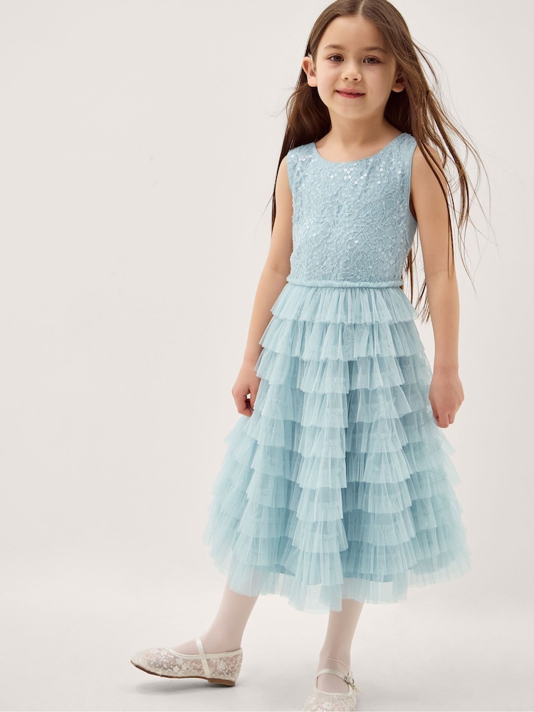 Monsoon Blue Taylor Sequin Lace Tiered Party Dress - Image 1 of 4