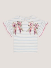 Monsoon Cream Sequin Bow Stripe T-Shirt - Image 1 of 3