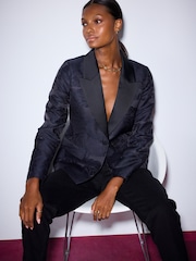 Navy Jacquard Single Breasted Blazer - Image 1 of 7