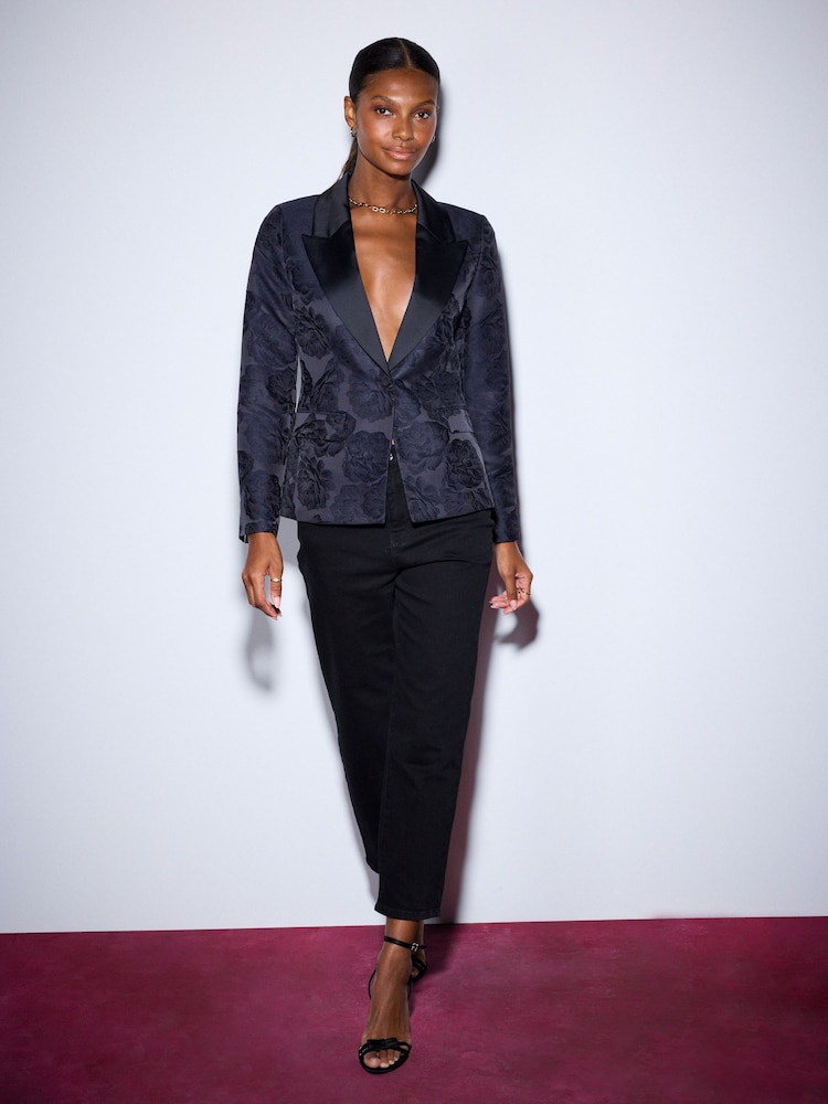 Navy Jacquard Single Breasted Blazer - Image 2 of 7