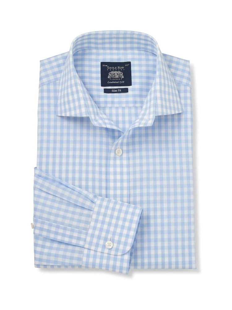 The Savile Row Company Blue Gingham Check Slim Fit Non-Iron Cotton Poplin Single Cuff Formal Shirt - Image 1 of 3 The Savile Row Company Blue Gingham Check Slim Fit Non-Iron Cotton Poplin Single Cuff Formal Shirt - Image 1 of 3