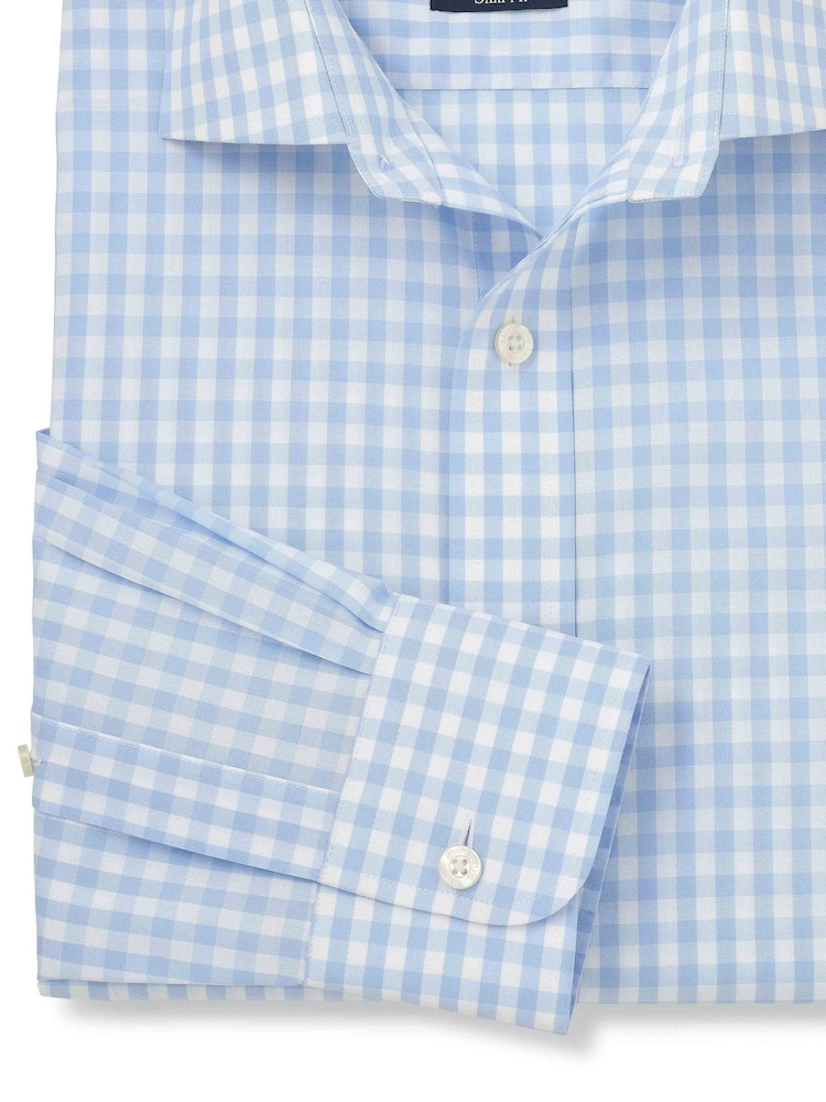 The Savile Row Company Blue Gingham Check Slim Fit Non-Iron Cotton Poplin Single Cuff Formal Shirt - Image 2 of 3 The Savile Row Company Blue Gingham Check Slim Fit Non-Iron Cotton Poplin Single Cuff Formal Shirt - Image 2 of 3