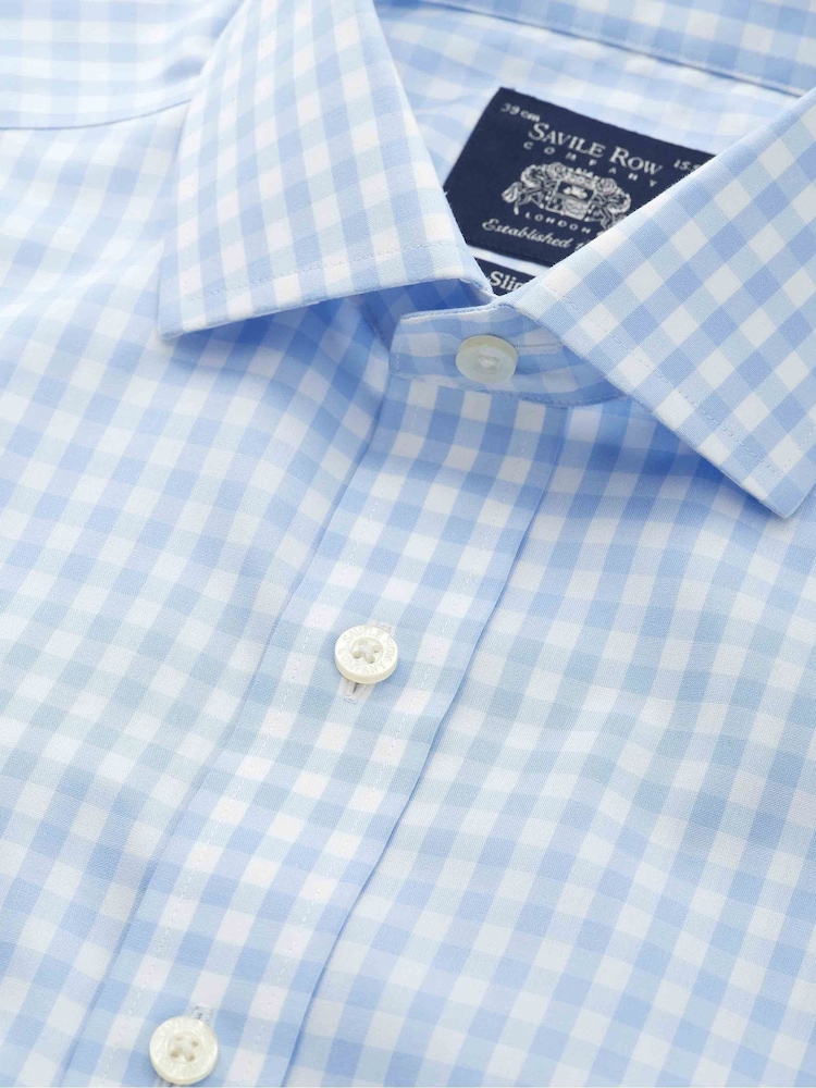 The Savile Row Company Blue Gingham Check Slim Fit Non-Iron Cotton Poplin Single Cuff Formal Shirt - Image 3 of 3 The Savile Row Company Blue Gingham Check Slim Fit Non-Iron Cotton Poplin Single Cuff Formal Shirt - Image 3 of 3