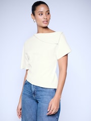 Ecru Asymmetric Folded Neckline Short Sleeved Top - Image 1 of 6