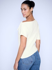 Ecru Asymmetric Folded Neckline Short Sleeved Top - Image 2 of 6