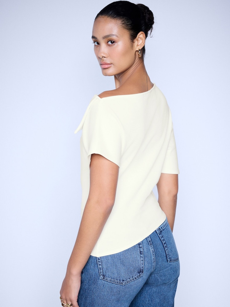 Ecru Asymmetric Folded Neckline Short Sleeved Top - Image 2 of 6 Ecru Asymmetric Folded Neckline Short Sleeved Top - Image 2 of 6