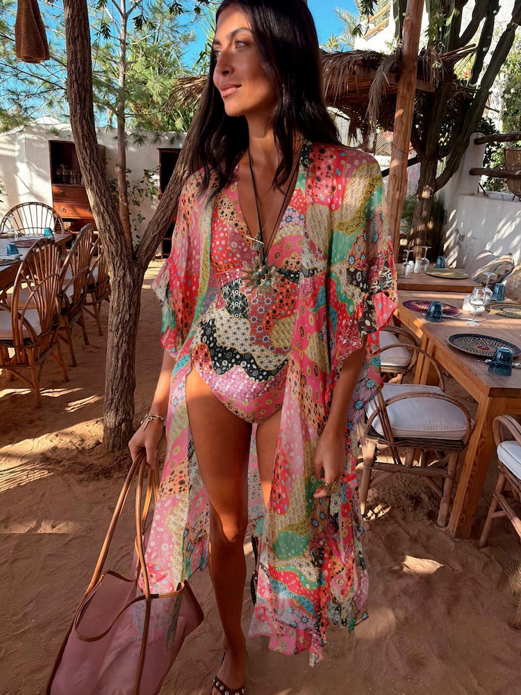 Never Fully Dressed Pink/Orange Mosaic Sheer Kaftan Cover-Up - Image 2 of 4