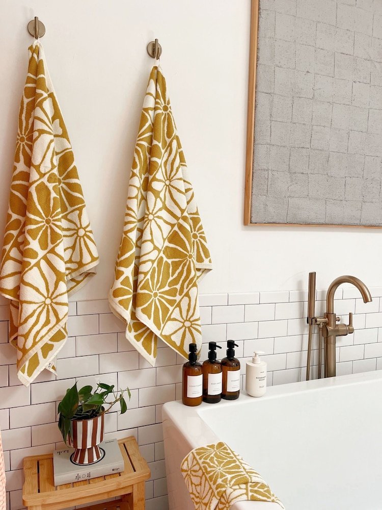 SlowTide Mustard Ciao Zen Cotton Printed Patterned Bath Towel - Image 1 of 5