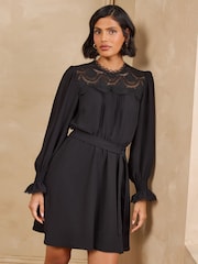 Love & Roses Black Petite Lace Yoke Detail Belted Mini Dress - Image 1 of 6