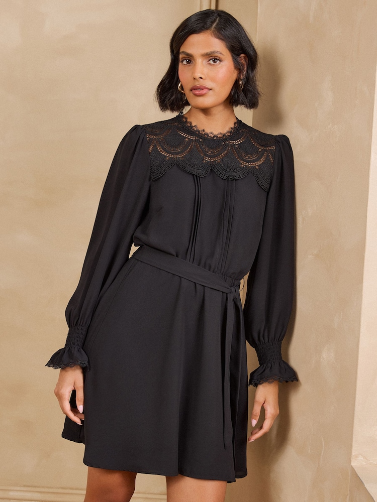 Love & Roses Black Petite Lace Yoke Detail Belted Mini Dress - Image 1 of 6