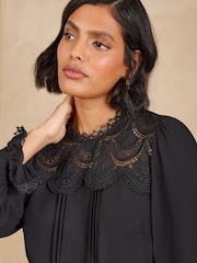 Love & Roses Black Petite Lace Yoke Detail Belted Mini Dress - Image 2 of 6