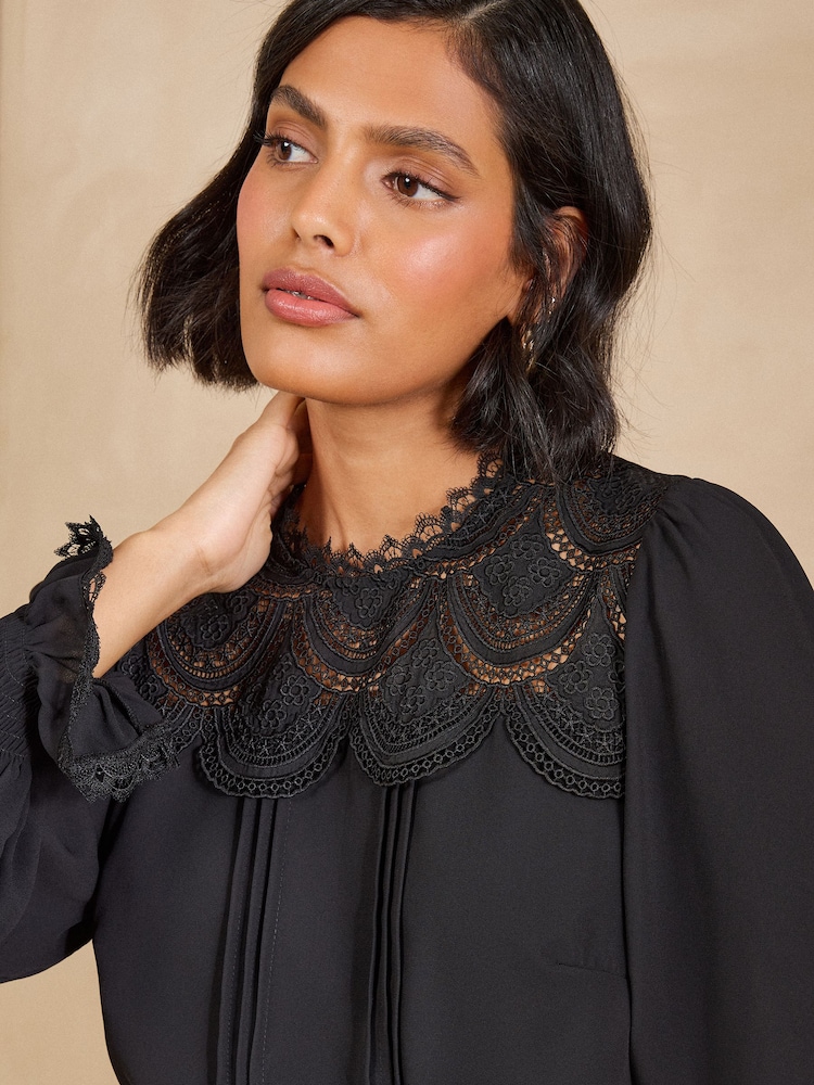 Love & Roses Black Petite Lace Yoke Detail Belted Mini Dress - Image 2 of 6