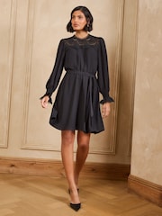 Love & Roses Black Petite Lace Yoke Detail Belted Mini Dress - Image 3 of 6