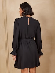 Love & Roses Black Petite Lace Yoke Detail Belted Mini Dress - Image 5 of 6