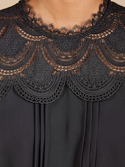 Love & Roses Black Petite Lace Yoke Detail Belted Mini Dress - Image 6 of 6