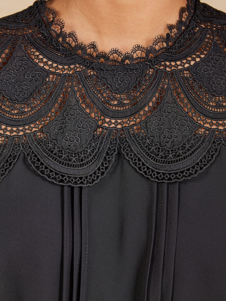 Love & Roses Black Petite Lace Yoke Detail Belted Mini Dress - Image 6 of 6