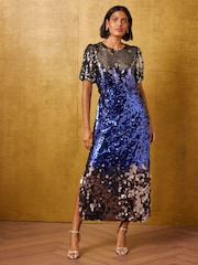 Love & Roses Cobalt Blue Petite Ombre Sequin Midi Dress - Image 1 of 6