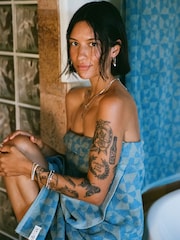 SlowTide Dusty Blue Bex Cotton Printed Patterned Bath Towel - Image 1 of 5