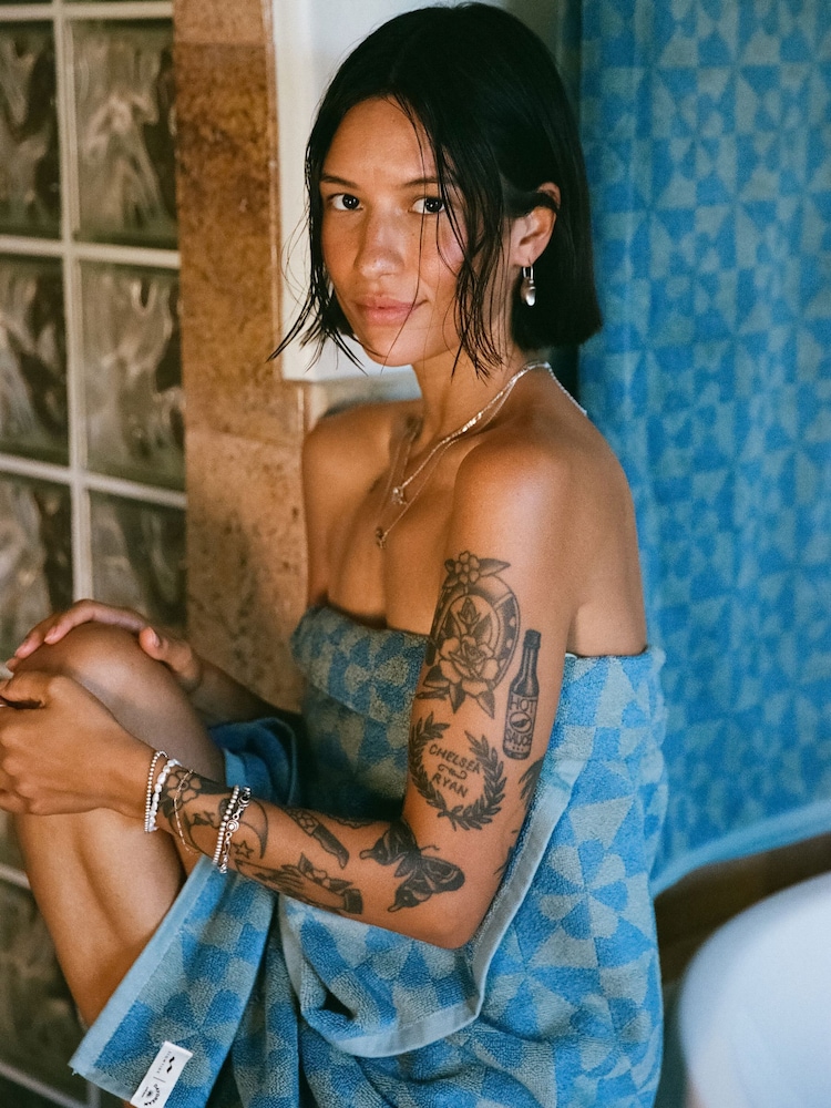 SlowTide Dusty Blue Bex Cotton Printed Patterned Bath Towel - Image 1 of 5