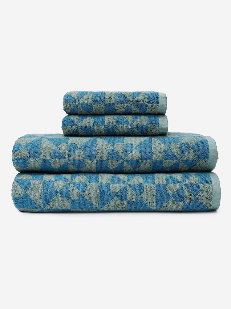 SlowTide Dusty Blue Bex Cotton Printed Patterned Bath Towel - Image 2 of 5