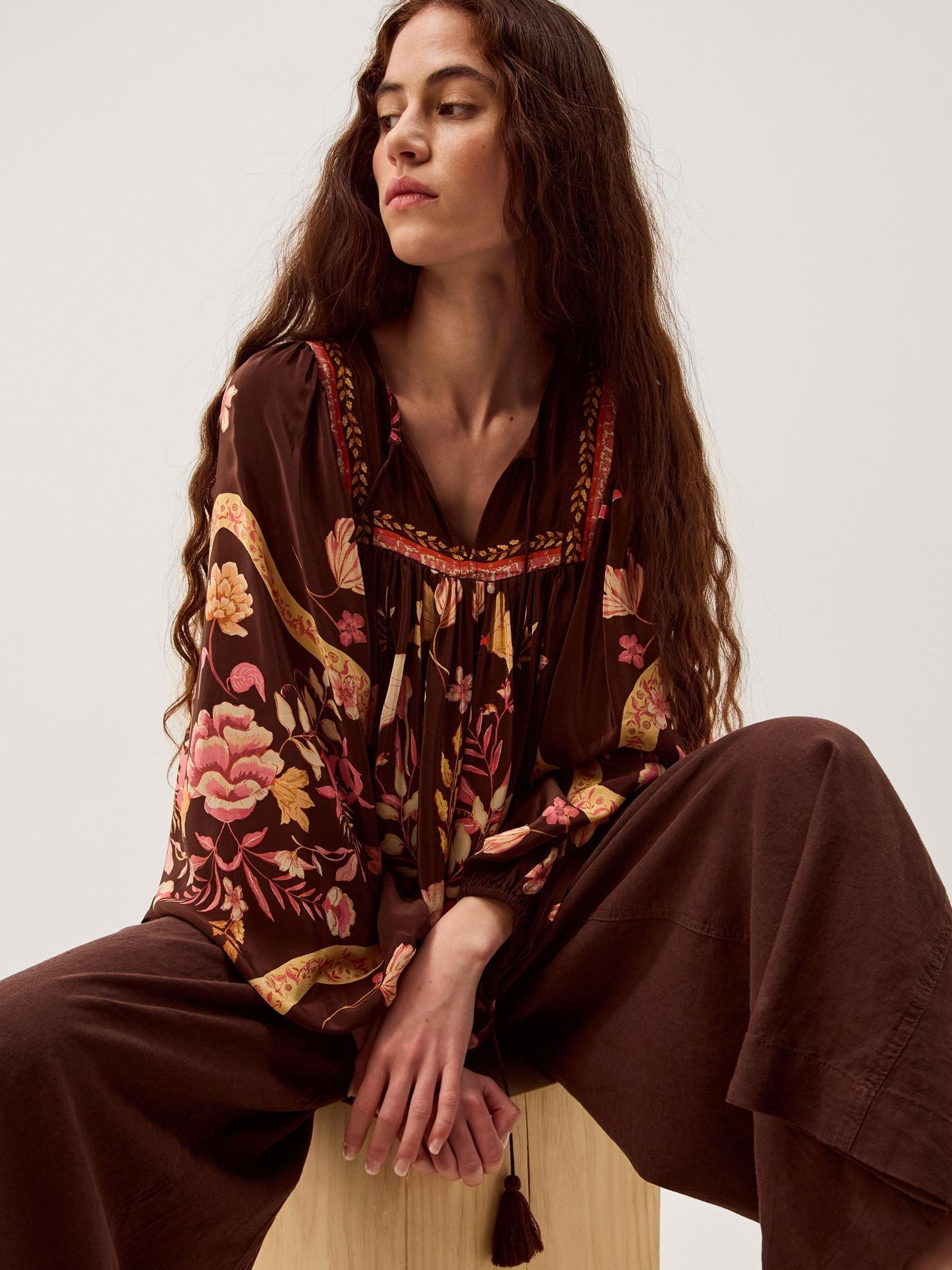 Buy Monsoon Brown Floral Samara V-Neck Long Balloon Sleeve Blouse