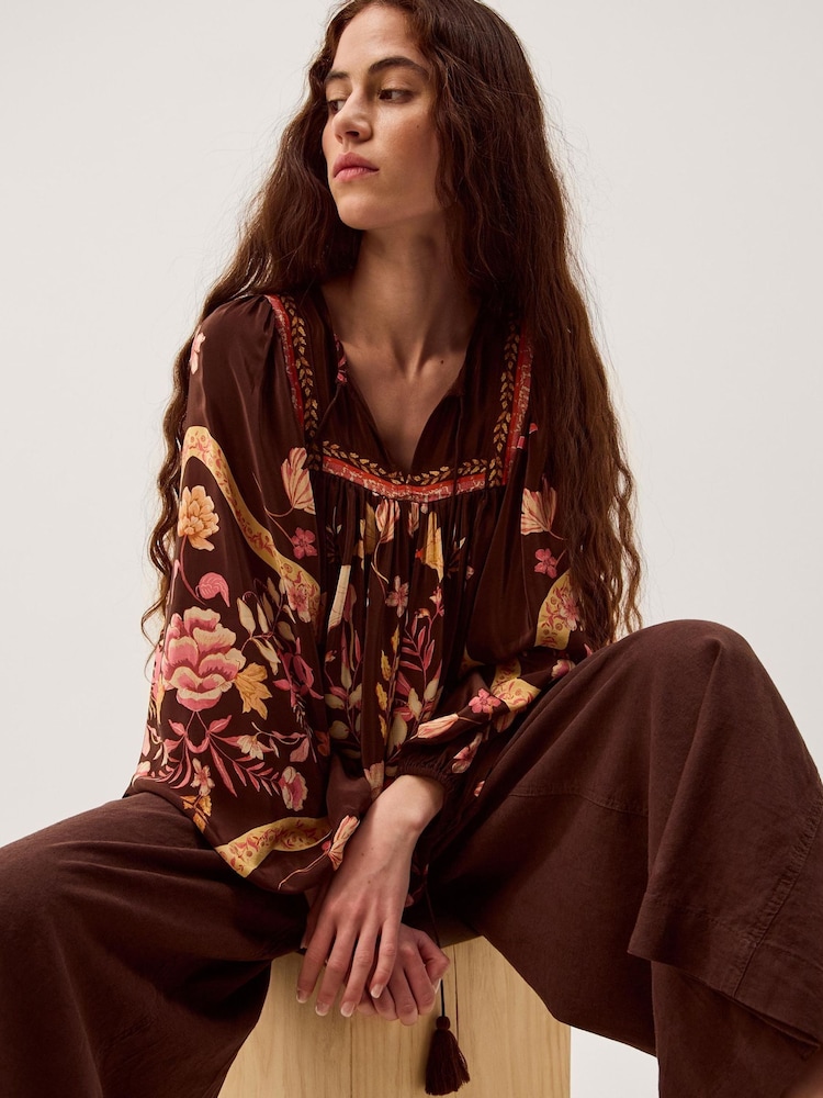 Monsoon Brown Samara Balloon Sleeve Floral Blouse - Image 1 of 5