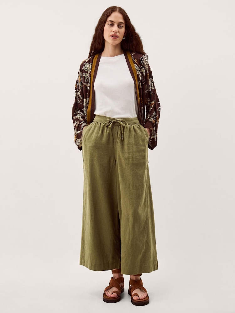 Monsoon Green Maisie Linen Blend Crop Wide Leg Trousers - Image 1 of 6