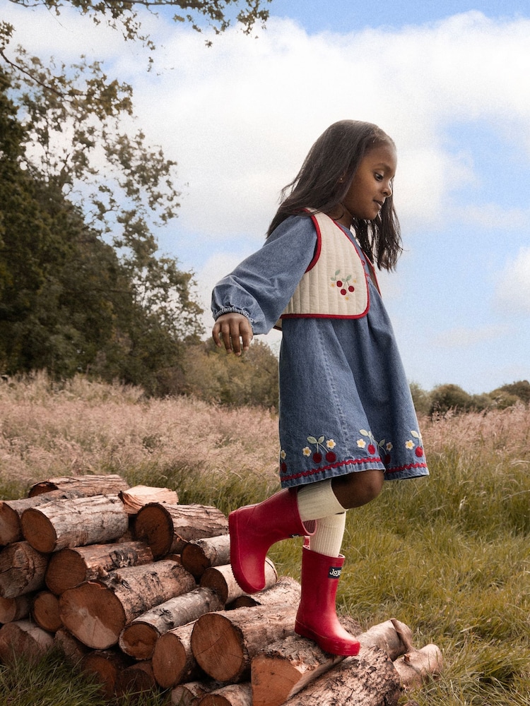 JoJo Maman Bébé Denim Cherry Embroidered Denim Dress & Quilted Waistcoat - Image 1 of 9 JoJo Maman Bébé Denim Cherry Embroidered Denim Dress & Quilted Waistcoat - Image 1 of 9