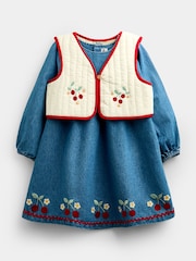 JoJo Maman Bébé Denim Cherry Embroidered Denim Dress & Quilted Waistcoat - Image 2 of 9