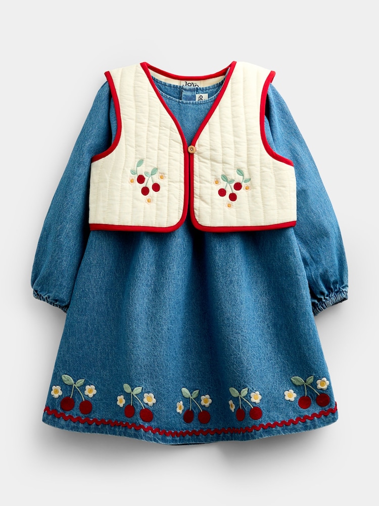 JoJo Maman Bébé Denim Cherry Embroidered Denim Dress & Quilted Waistcoat - Image 2 of 9 JoJo Maman Bébé Denim Cherry Embroidered Denim Dress & Quilted Waistcoat - Image 2 of 9