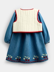 JoJo Maman Bébé Denim Cherry Embroidered Denim Dress & Quilted Waistcoat - Image 3 of 9