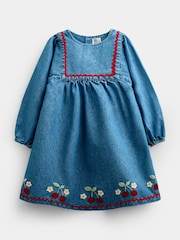 JoJo Maman Bébé Denim Cherry Embroidered Denim Dress & Quilted Waistcoat - Image 4 of 9