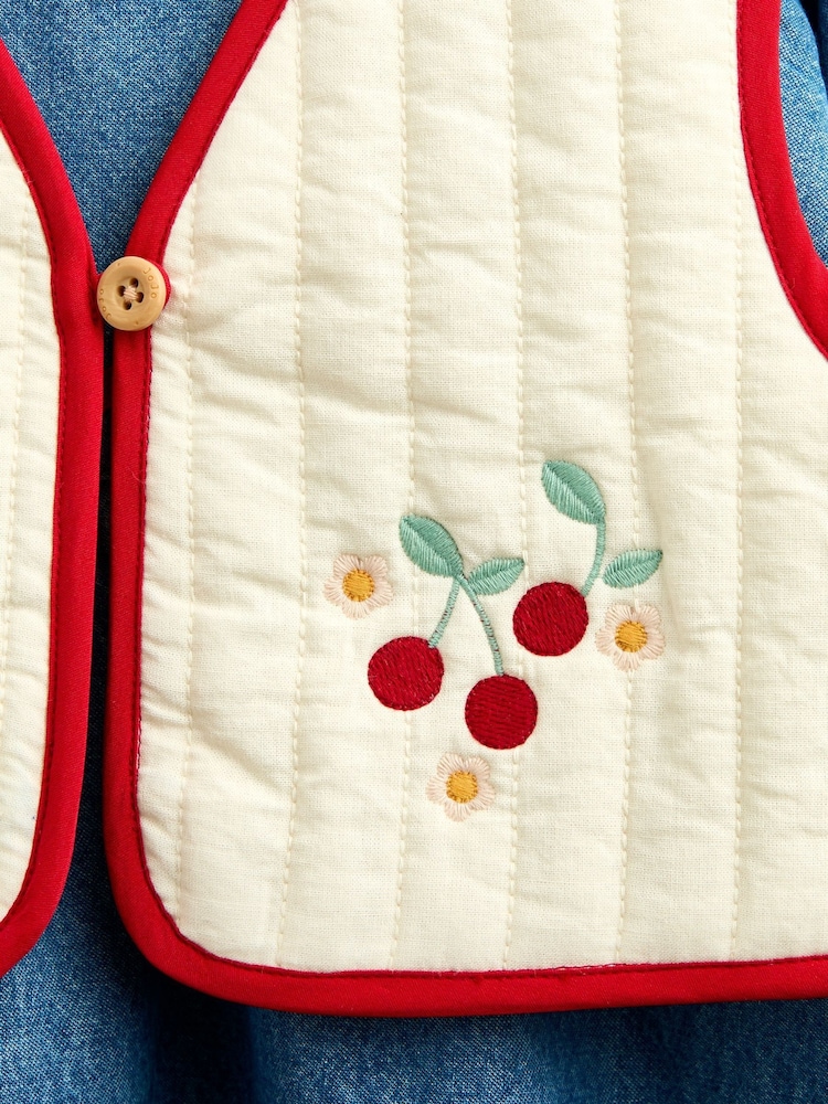 JoJo Maman Bébé Denim Cherry Embroidered Denim Dress & Quilted Waistcoat - Image 9 of 9 JoJo Maman Bébé Denim Cherry Embroidered Denim Dress & Quilted Waistcoat - Image 9 of 9