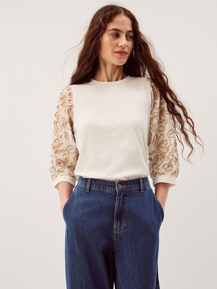 Monsoon Cream Freya Embroidered Sleeve Top - Image 1 of 5 Monsoon Cream Freya Embroidered Sleeve Top - Image 1 of 5