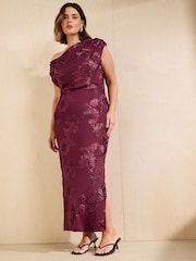 Friends Like These Berry Red Curve Lace Detail One Shoulder Midi Dress - Image 1 of 5