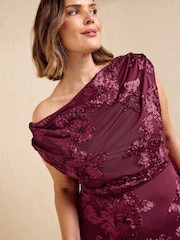 Friends Like These Berry Red Curve Lace Detail One Shoulder Midi Dress - Image 2 of 5