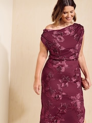 Friends Like These Berry Red Curve Lace Detail One Shoulder Midi Dress - Image 4 of 5