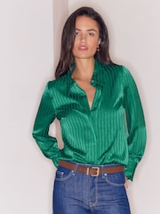 Lipsy Green Satin Stripe Burnout Shirt - Image 3 of 5