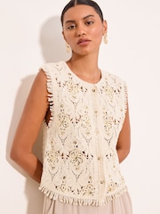 乳白色 - Lipsy Crochet Sequin Detail Waistcoat - 圖片 1/5