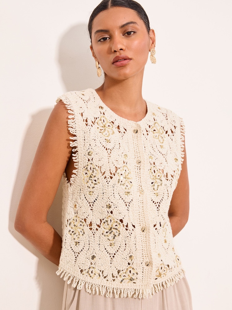 乳白色 - Lipsy Crochet Sequin Detail Waistcoat - 圖片 1/5