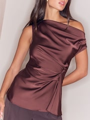Lipsy Chocolate Brown Satin One Shoulder Draped Top - Image 2 of 5