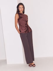 Lipsy Chocolate Brown Satin One Shoulder Draped Top - Image 3 of 5
