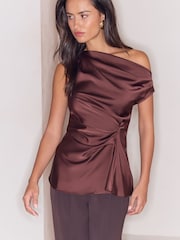Lipsy Chocolate Brown Satin One Shoulder Draped Top - Image 4 of 5
