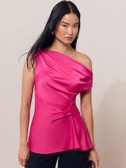 Lipsy Fuchsia Pink Satin One Shoulder Draped Top - Image 1 of 5