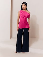 Lipsy Fuchsia Pink Satin One Shoulder Draped Top - Image 4 of 5